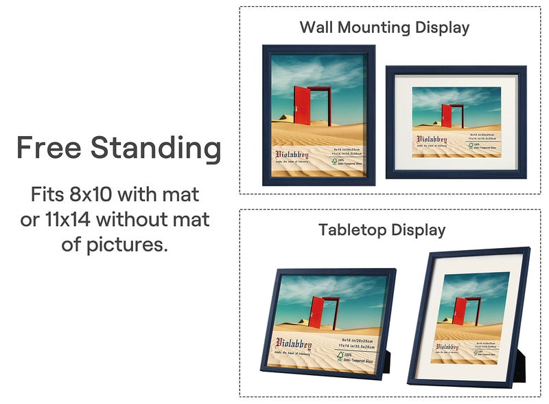 VIOLABBEY 11x14 Picture Frames Set of 4, Fits 8x10 Photo Frame with Ivory Mat or 11x14 Without Mat, Wall or Tabletop Display, Semi Tempered Glass, Blue - Image 2